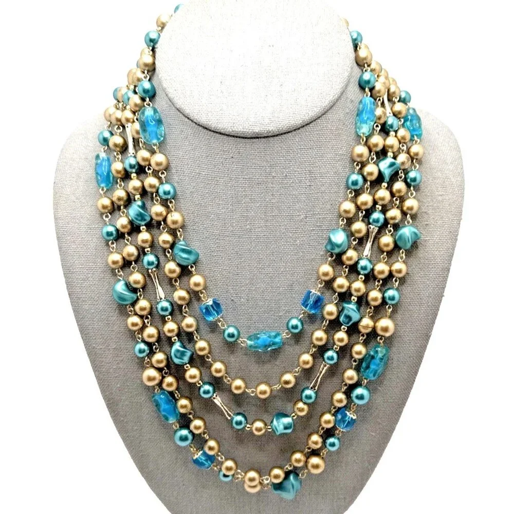 Vintage Japan Multi Strand Beaded Choker Necklace Blue Gold Mid Century 16